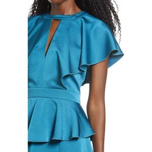 NWT HARLYN Tiered blue teal Satin short flutter sleeve high low Midi Dress sz sm
